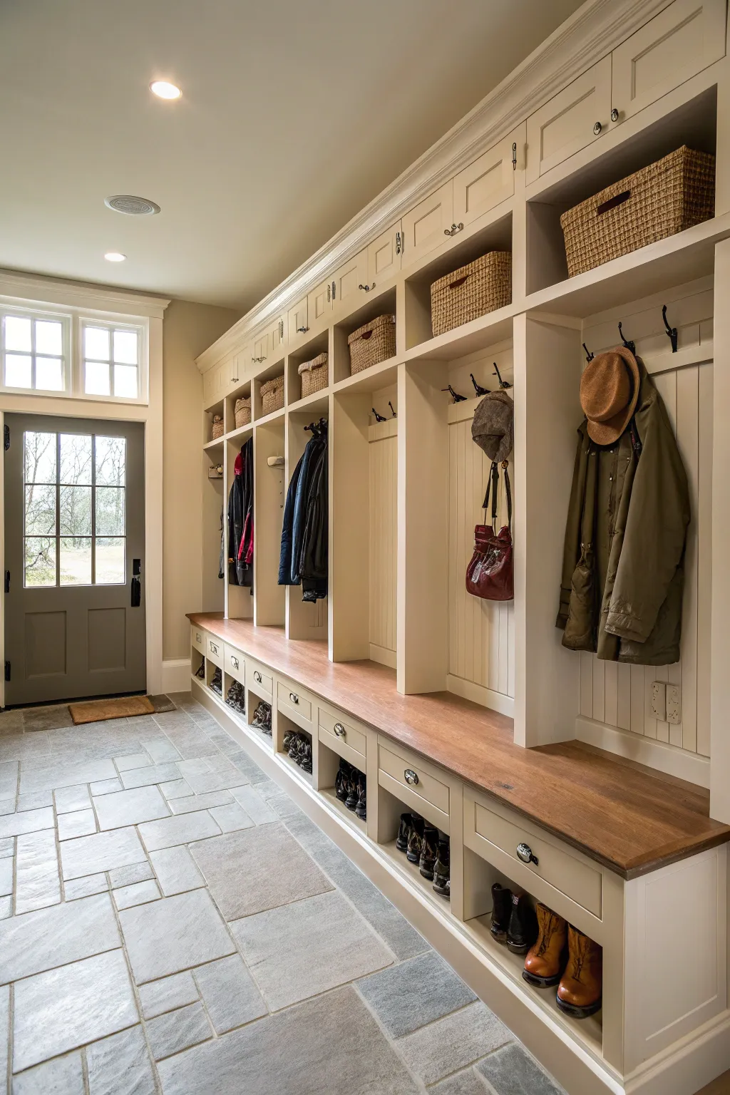 A large mudroom with benches and racks for coats and bags.