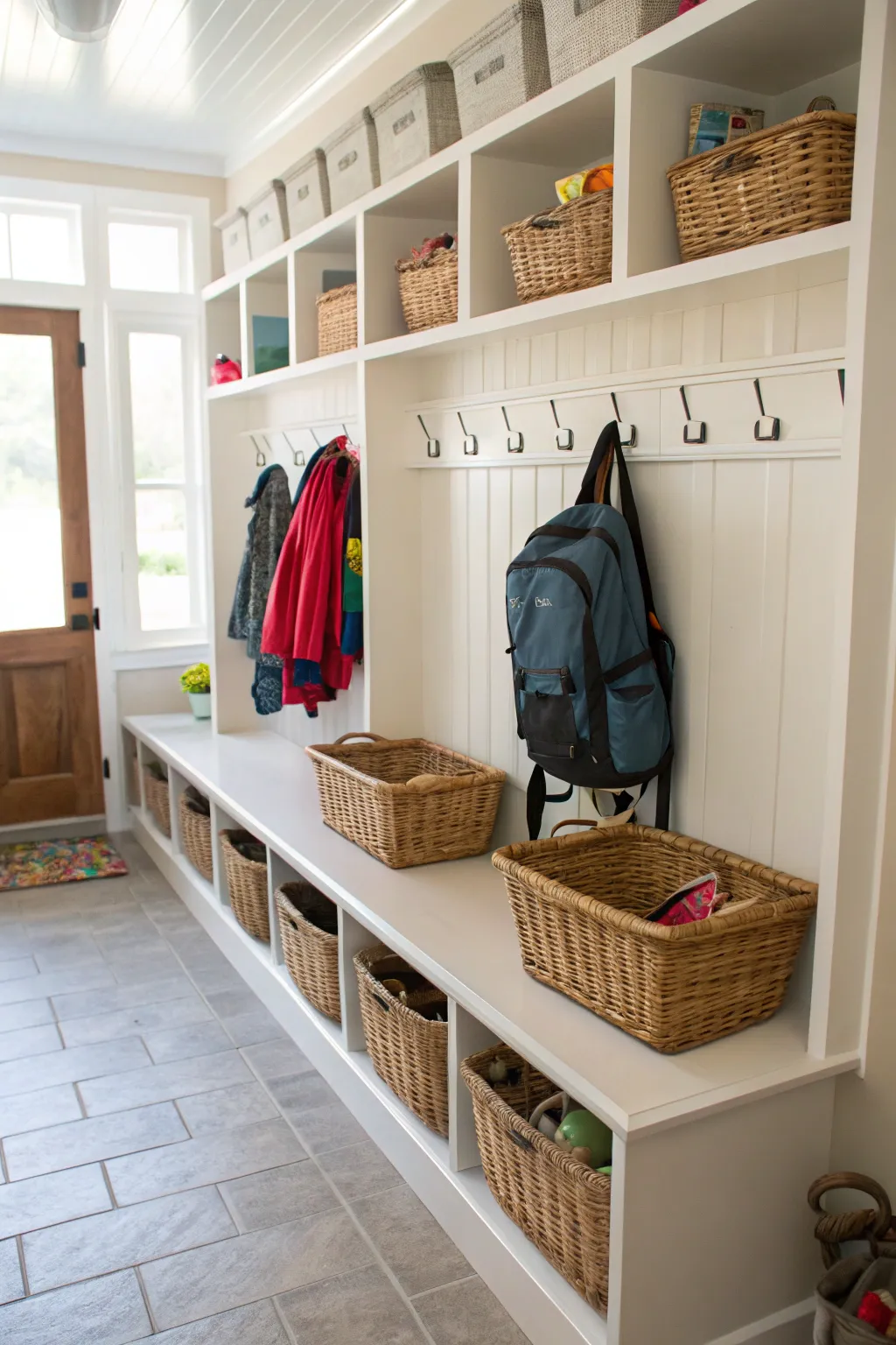 A hall drop zone with baskets and hooks for organized storage.