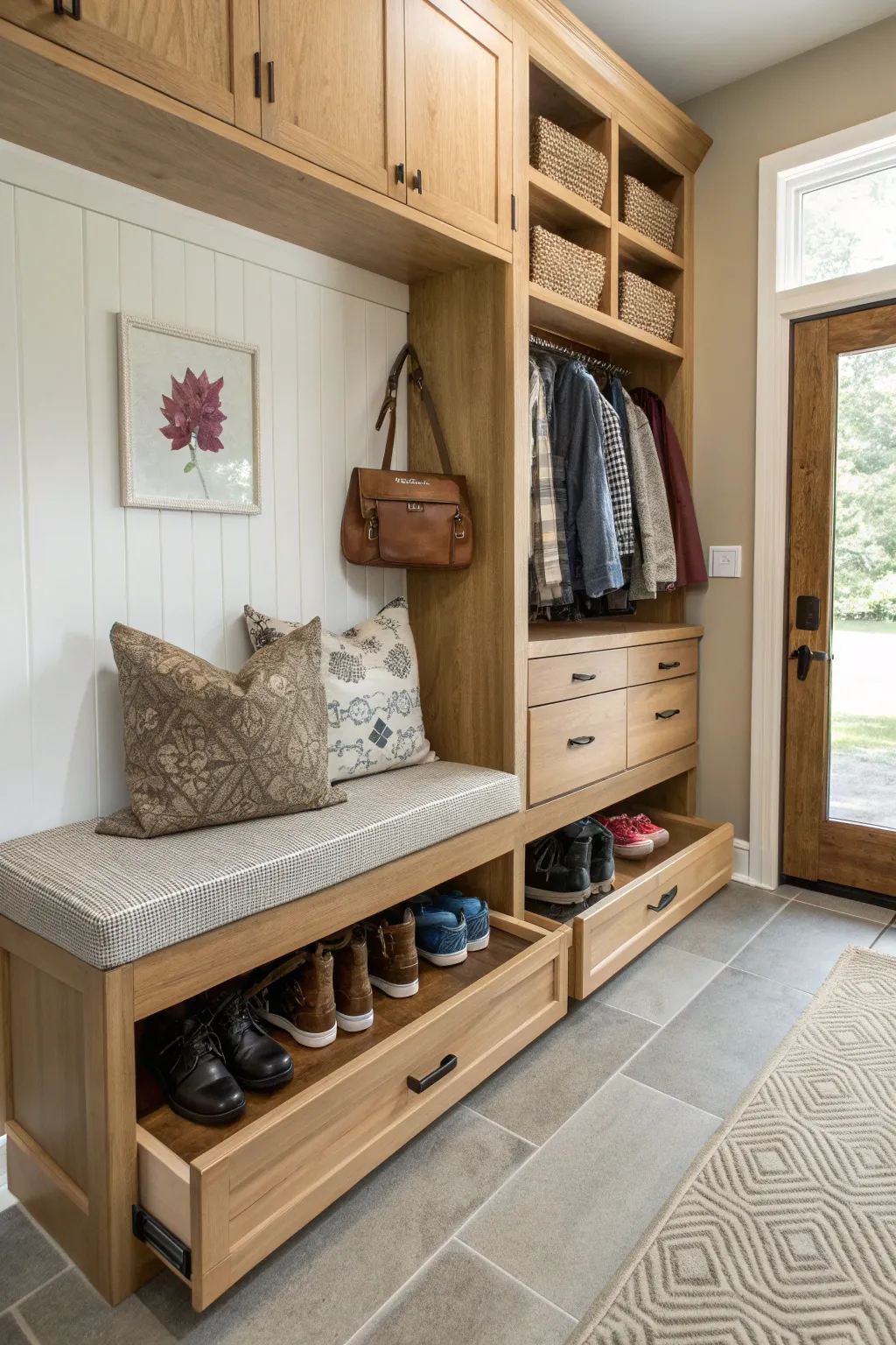 A mudroom bench with hidden storage for shoes and bags.