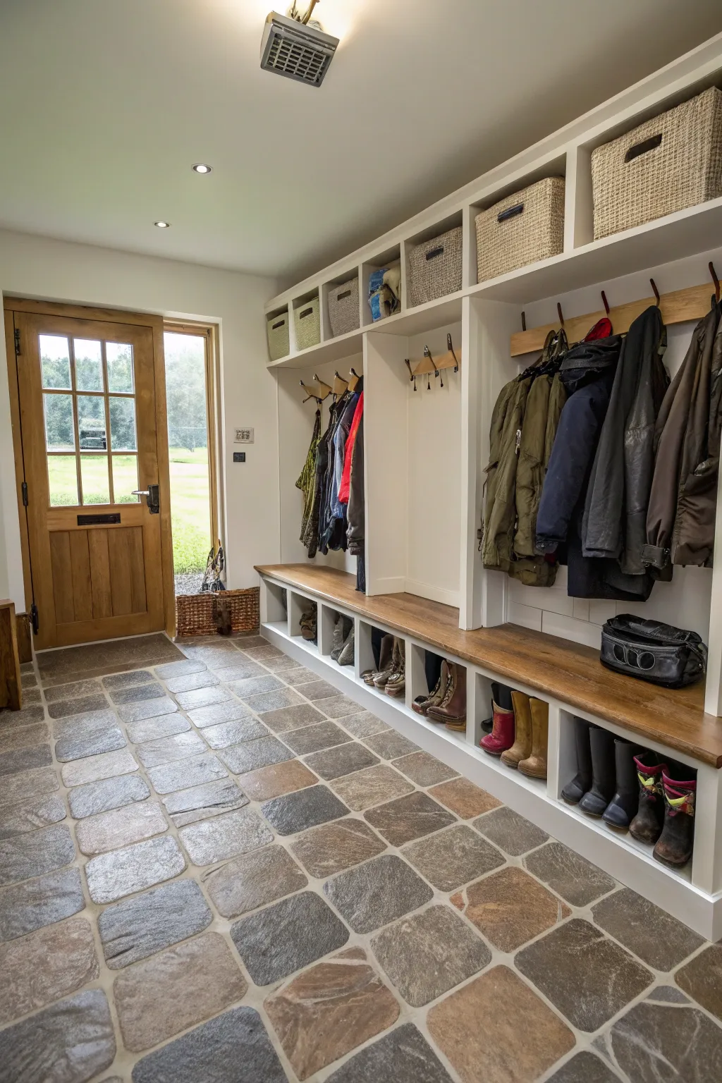 A boot room with durable tile flooring designed for outdoor activities.