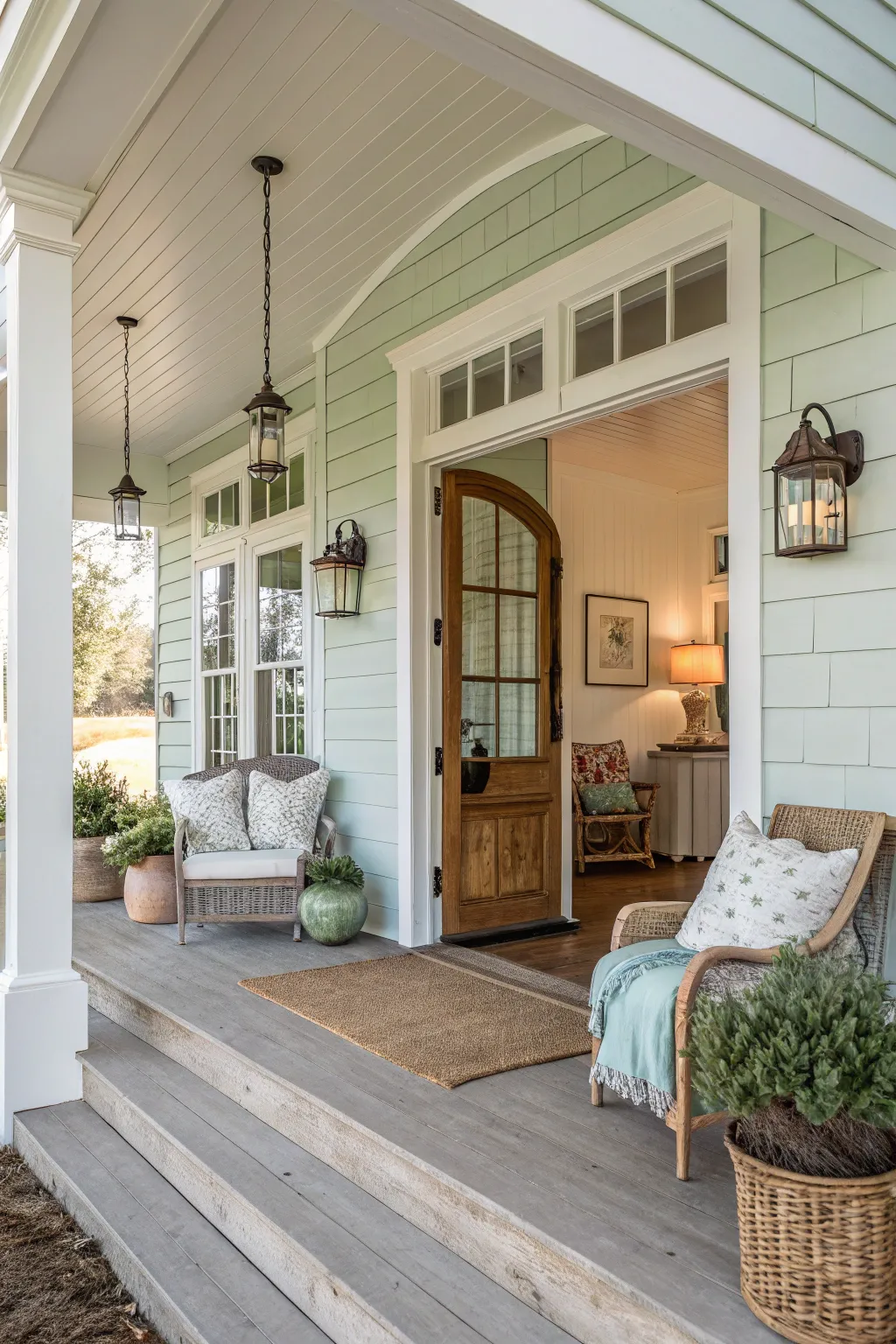 A farmhouse entryway with soft white and pastel colors.