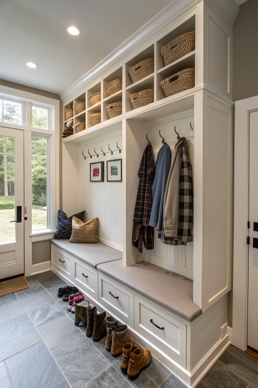 A hall tree in a mudroom with seating and organized storage.