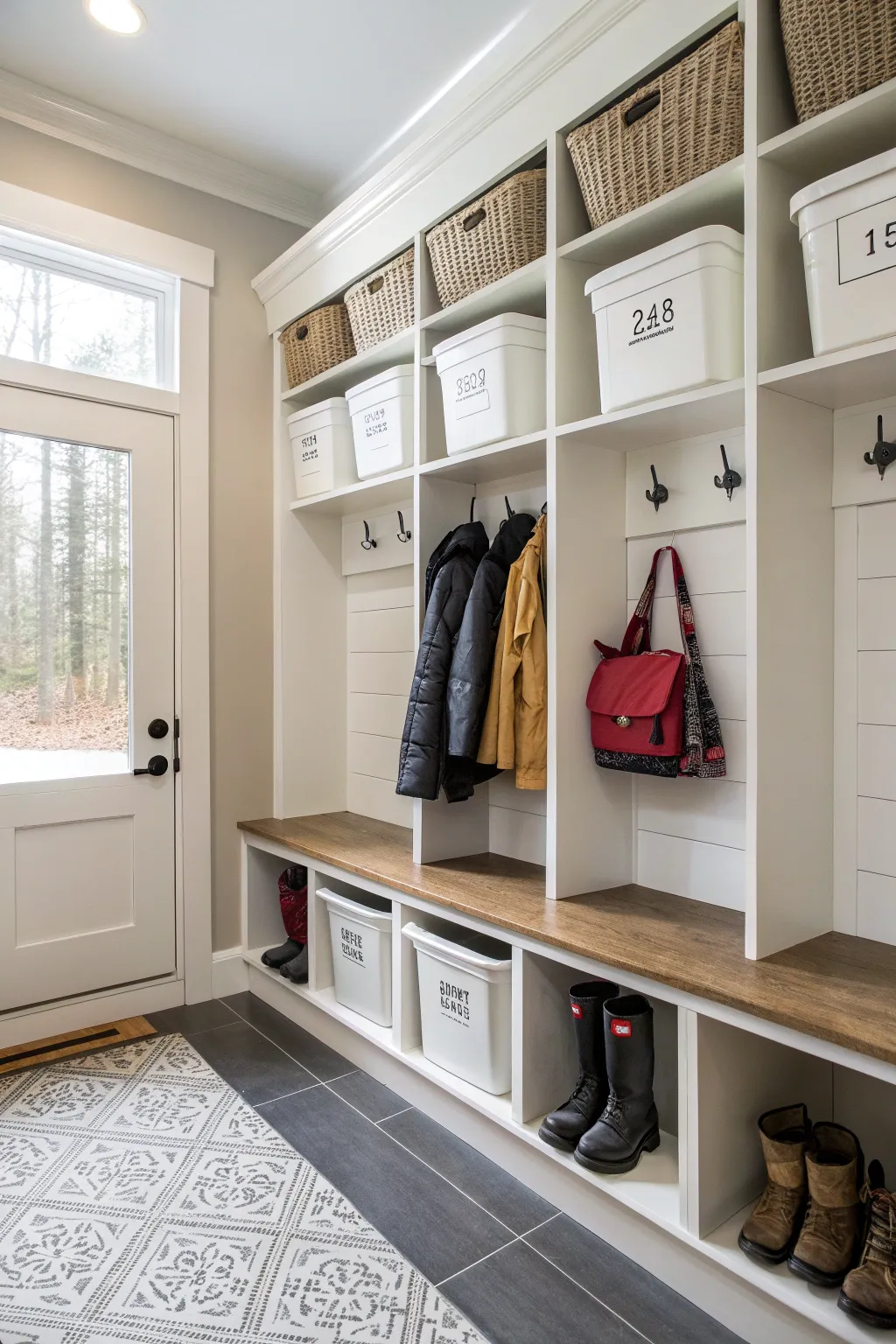 A mudroom with open shelving and organized labeled bins.