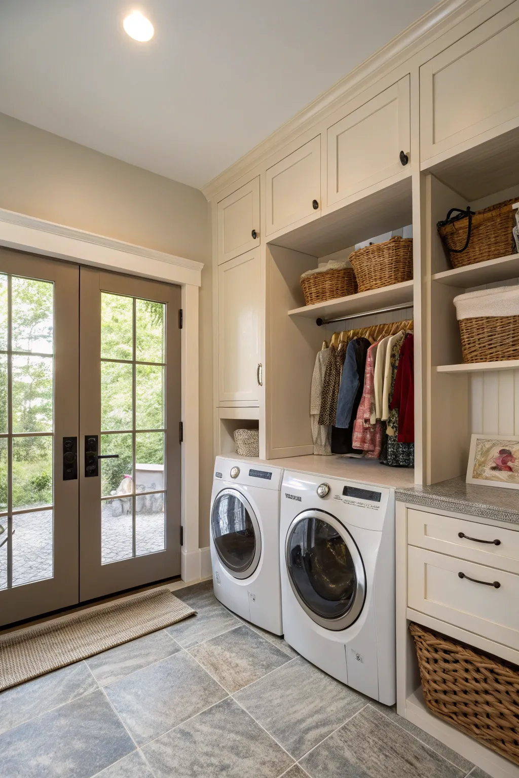 A mudroom with integrated laundry facilities in cabinetry.
