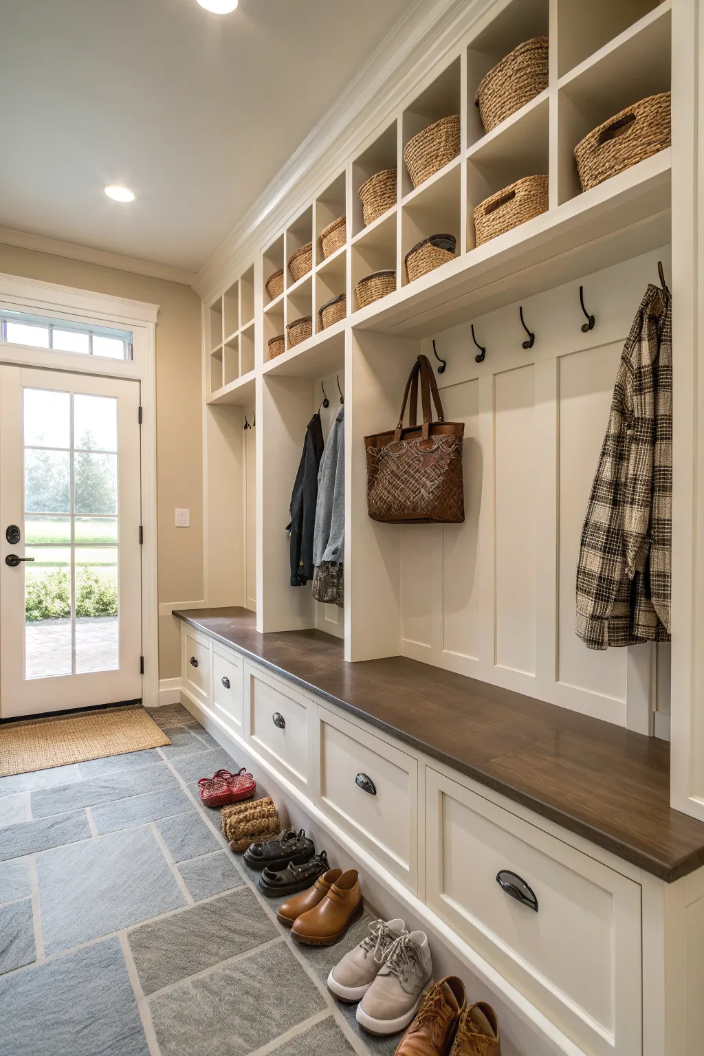 A mudroom with a long bench and built-in storage for family needs.
