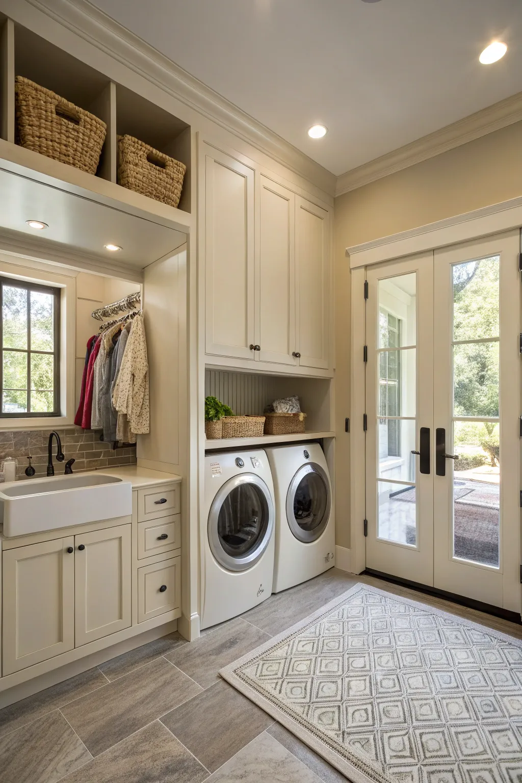 An entry and laundry room combo with hidden appliances for space-saving.