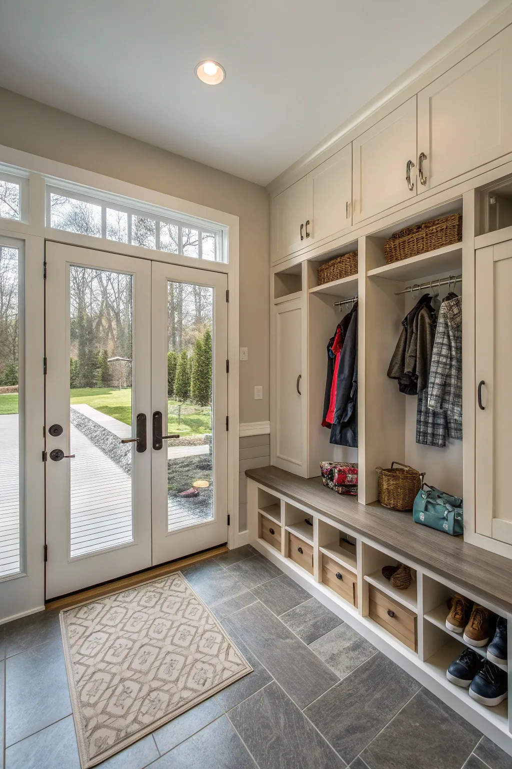 A mudroom designed for easy access to the backyard with sliding glass doors.