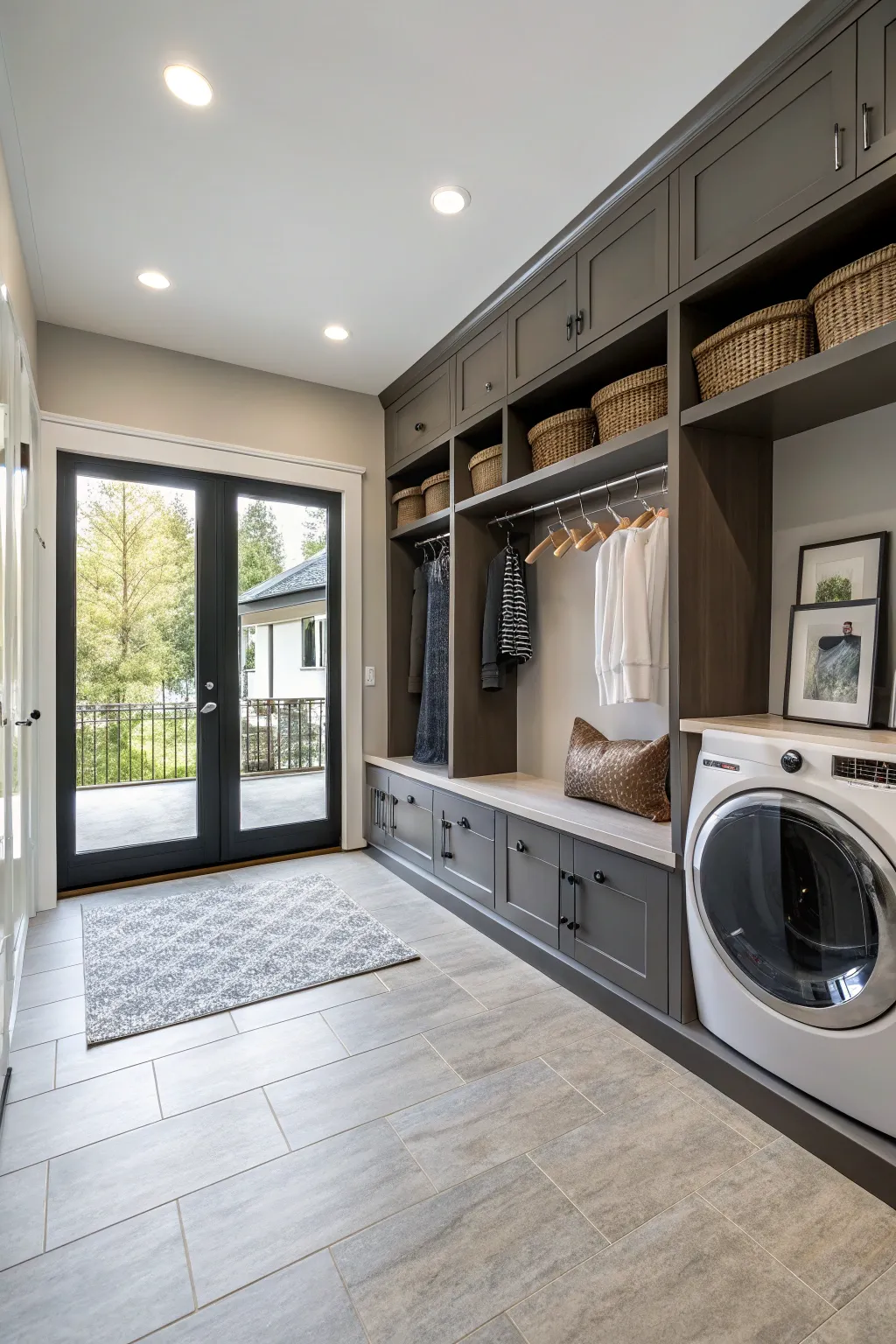 A modern big laundry room designed to double as a mudroom.