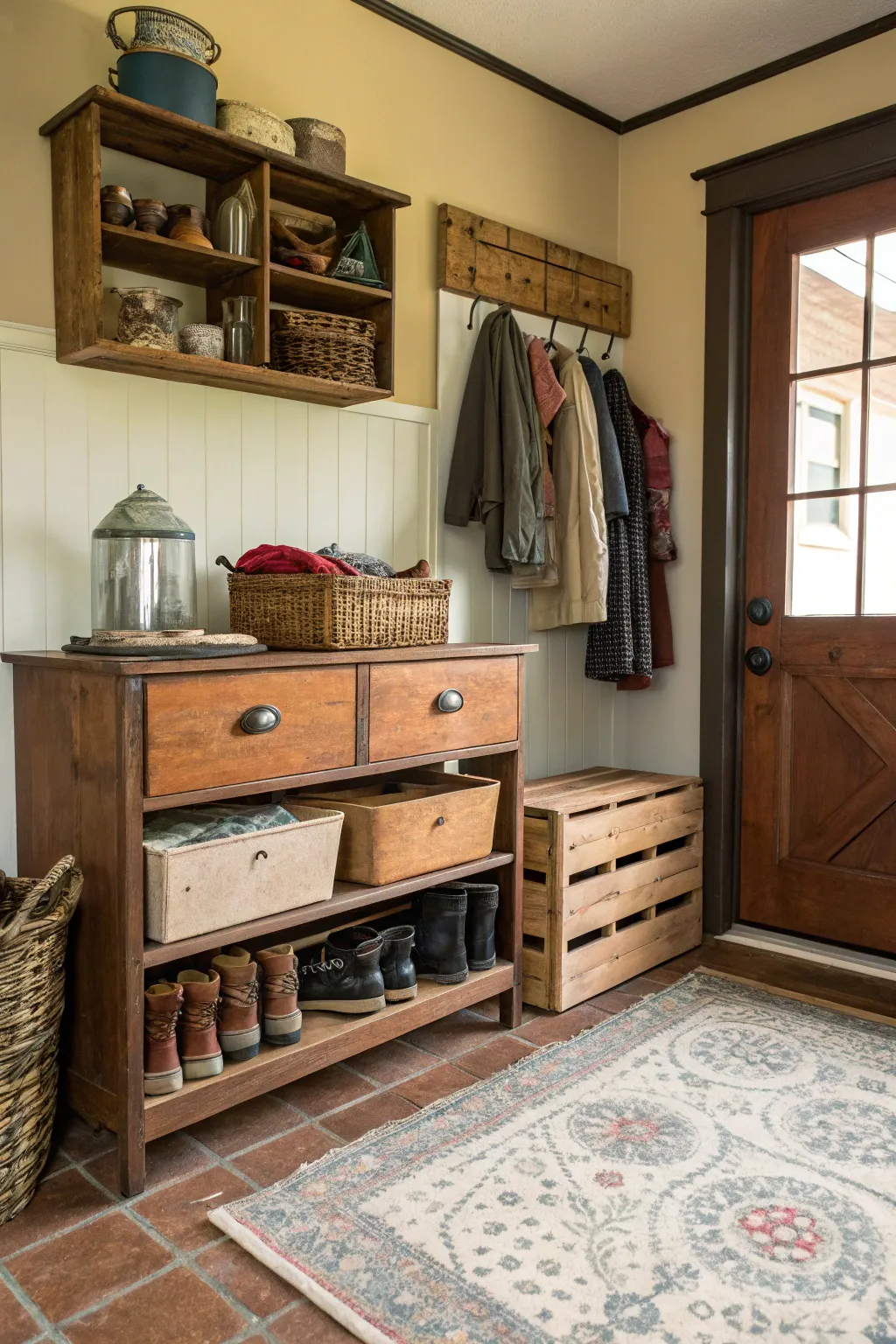 A DIY mudroom with thrifted furniture and creative storage solutions.