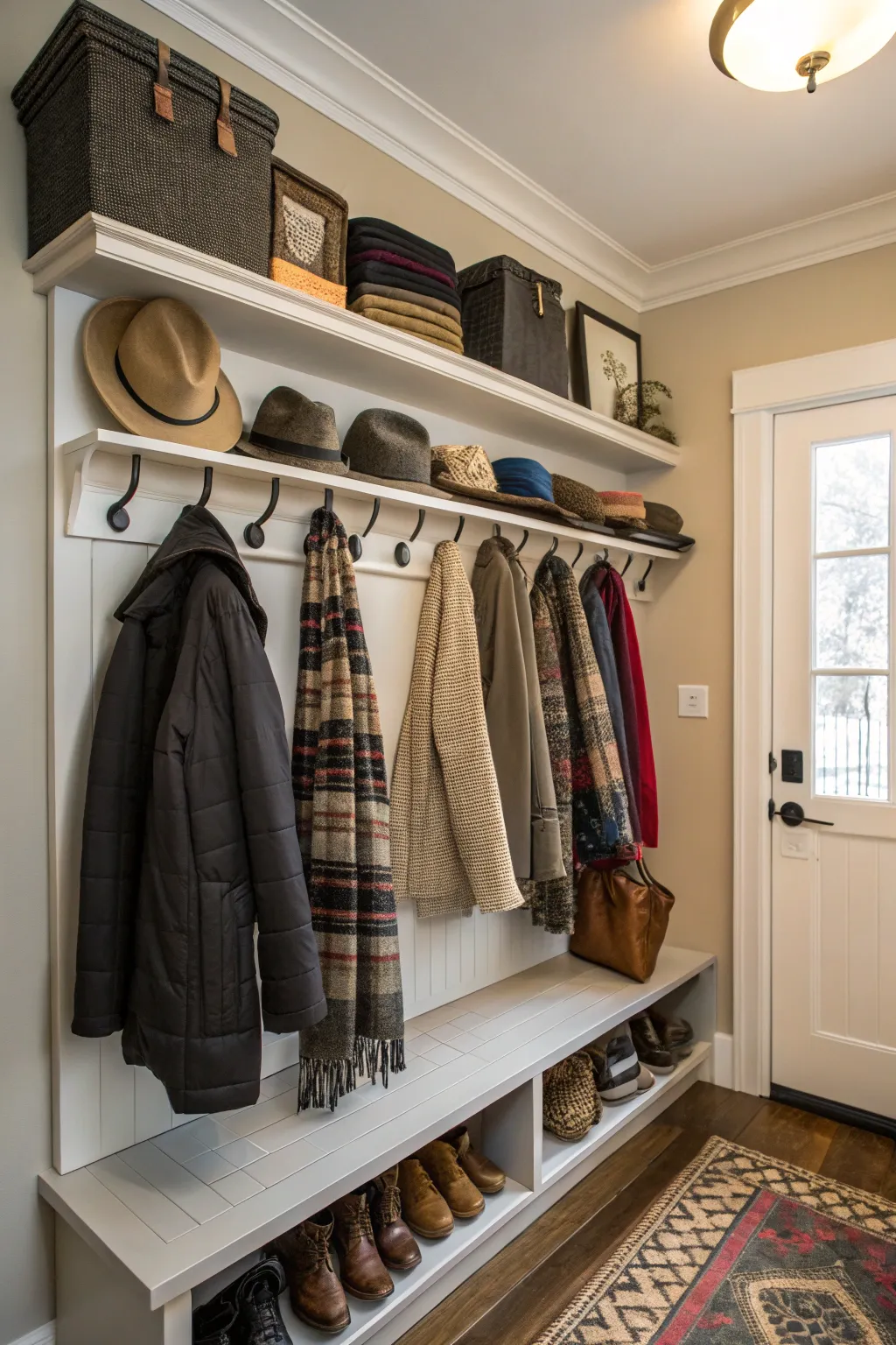 A mudroom rack with multiple hooks and shelves for organized outerwear.