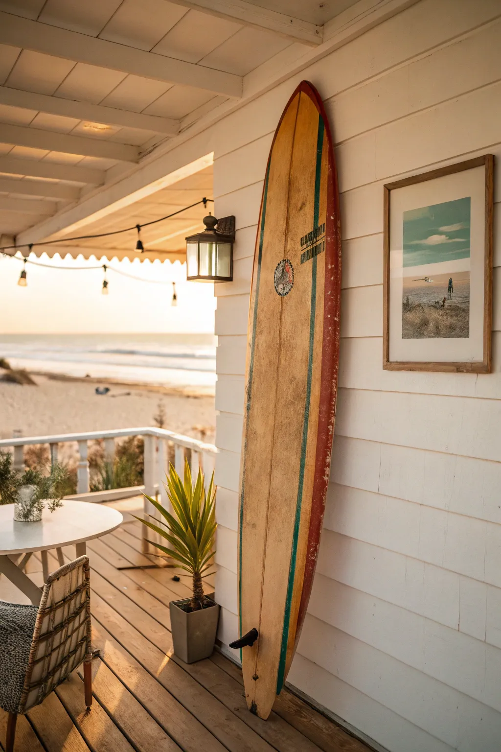 A vintage surfboard mounted on a beach-themed wall with soft natural lighting.