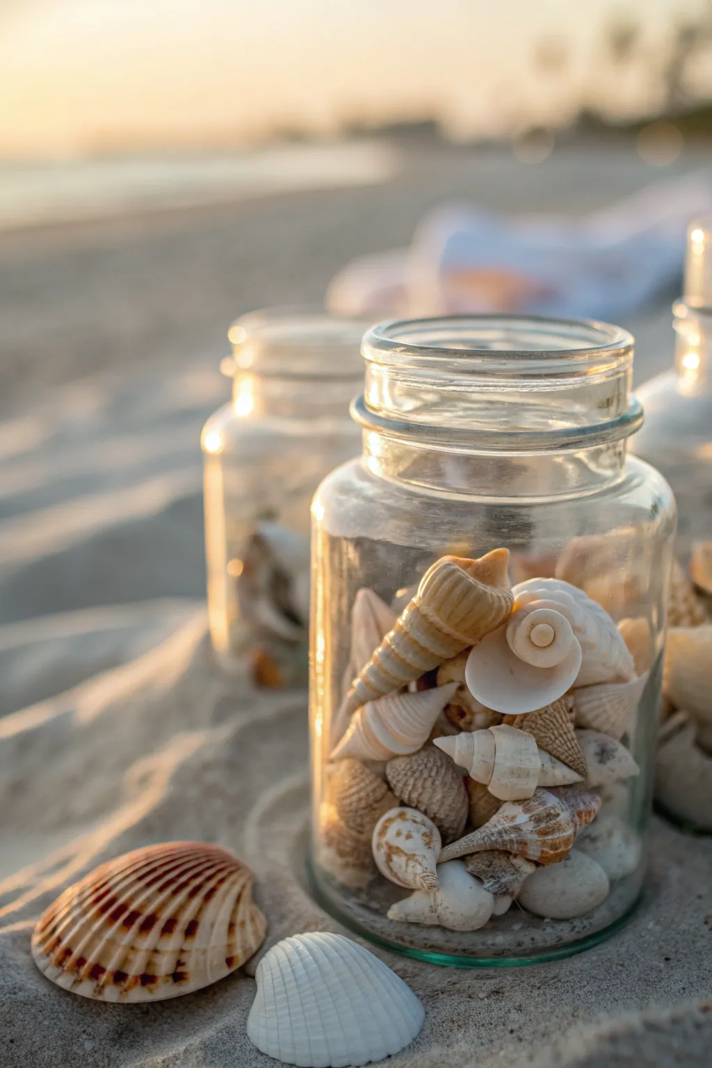 Glass jars filled with seashells, showcasing textures and coastal colors.
