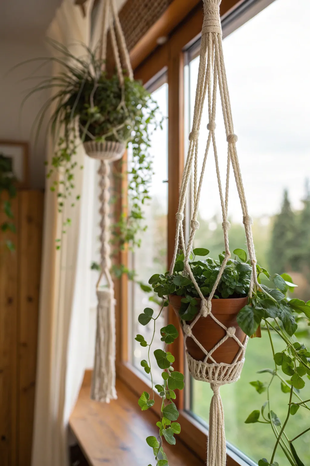 Hanging macramé plant holders with vibrant trailing plants in natural light.
