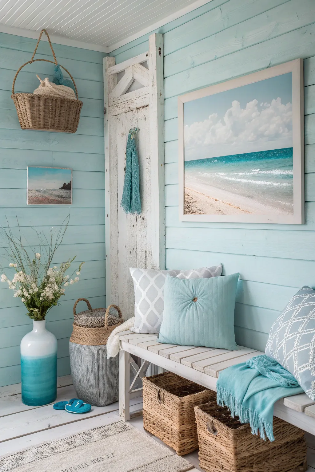 A serene beachy color palette with soft blues and whites in a decorated room.