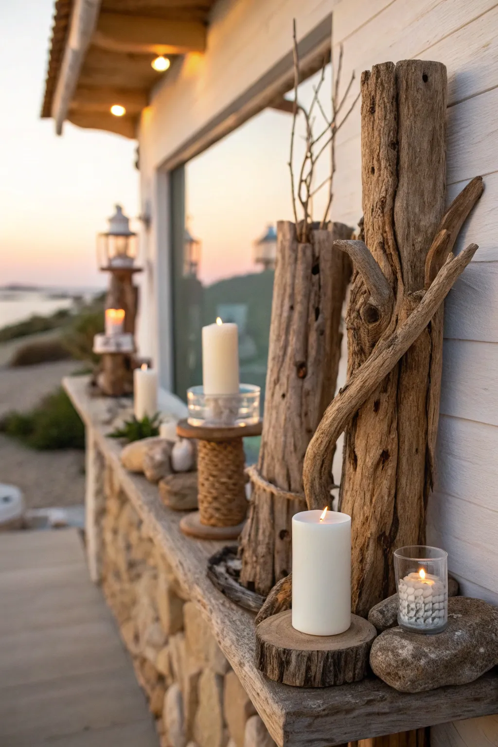 Driftwood accents used as wall art and candle holders in a coastal setting.