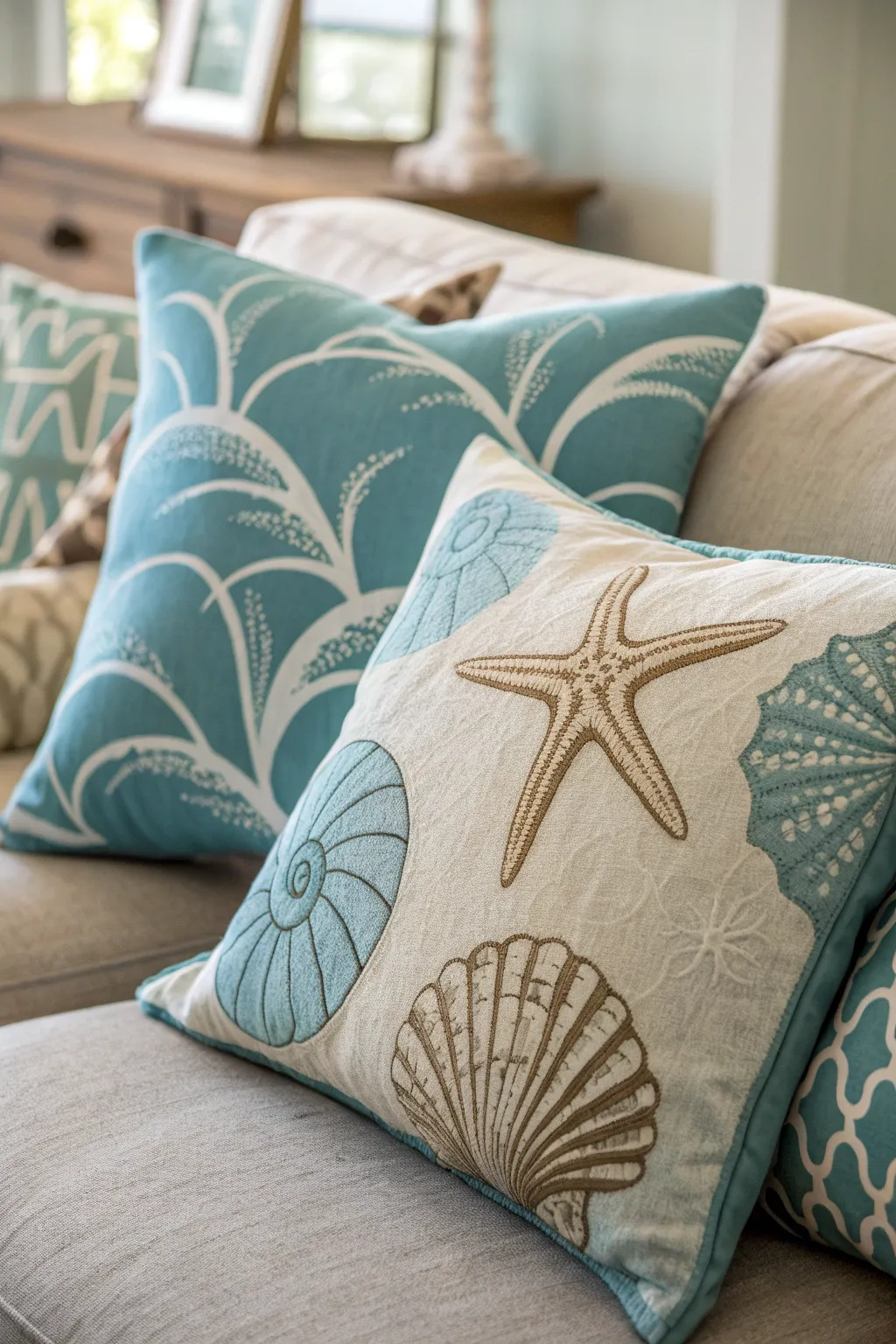 Ocean-themed throw pillows arranged on a couch in a relaxed coastal setting.