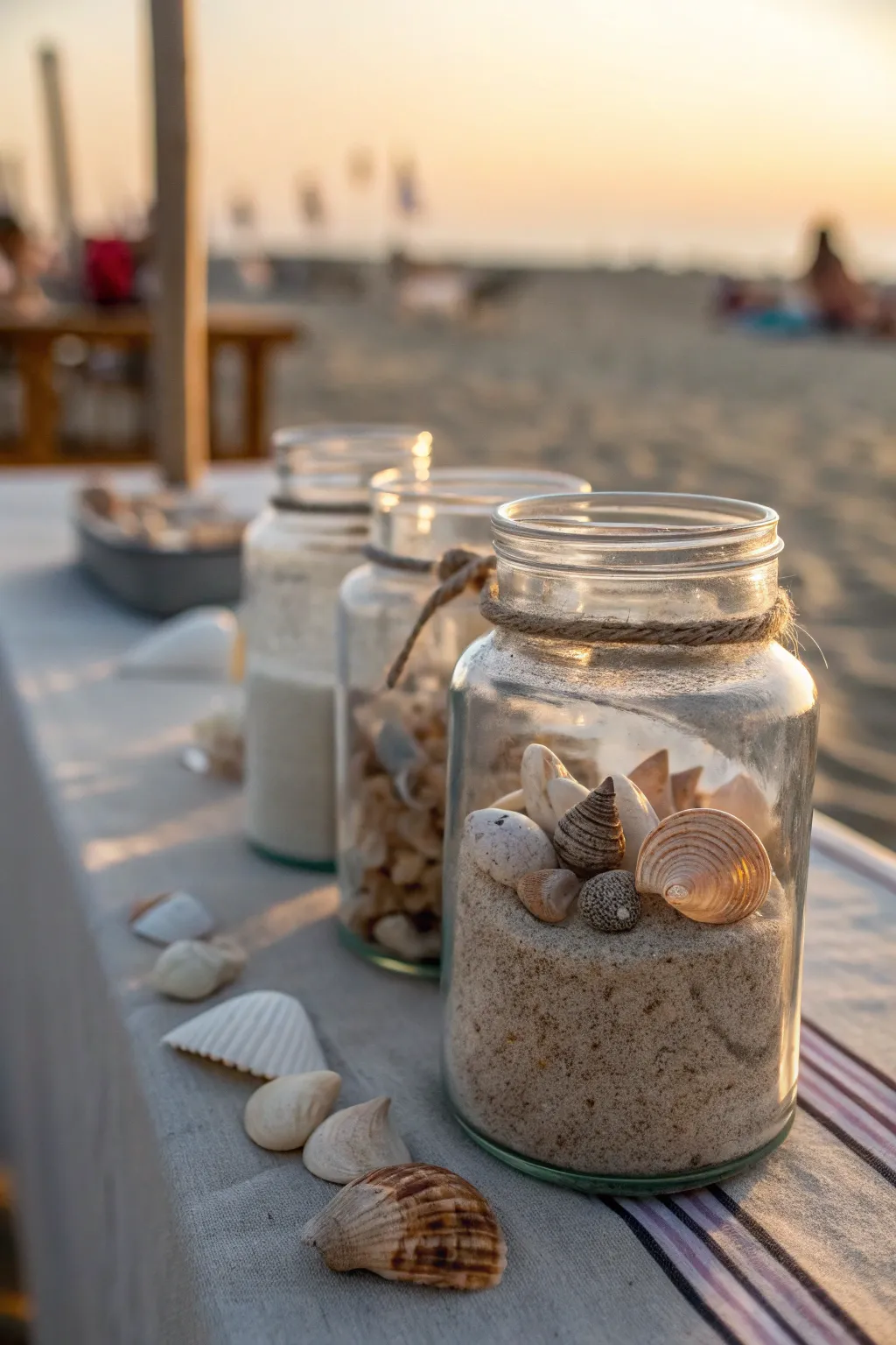Glass jars filled with sand and seashells displayed on a table.