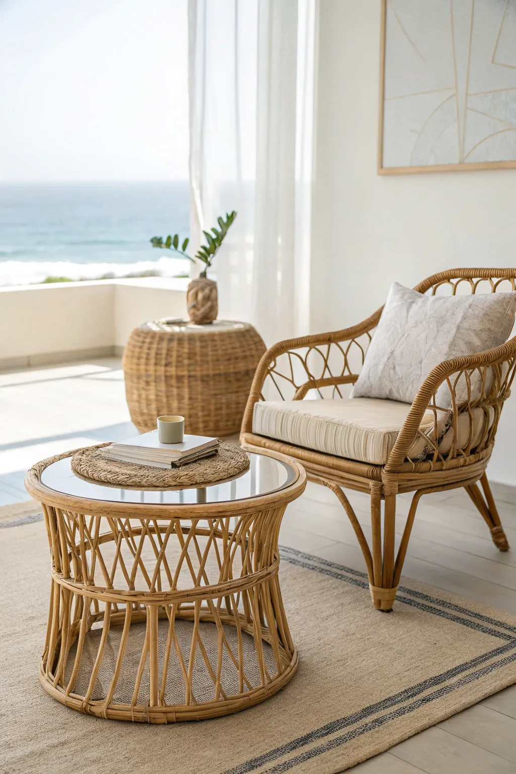 Rattan furniture in a bright, airy room with a coastal theme.