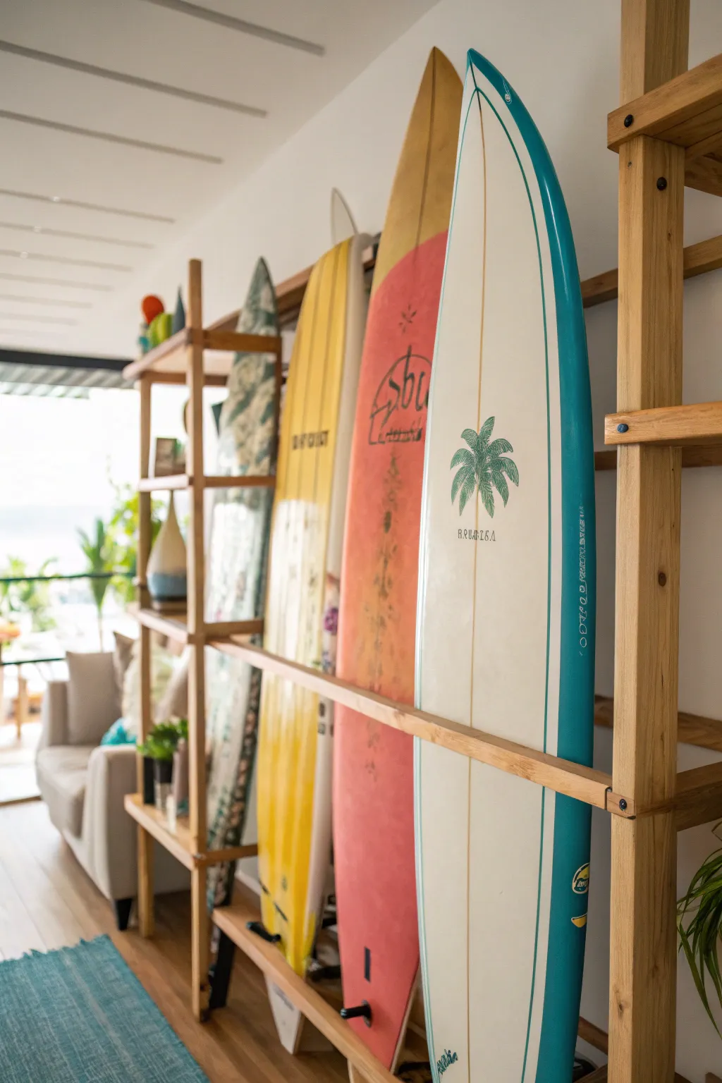 Surfboard shelves displaying beach-themed decor in a playful setting.