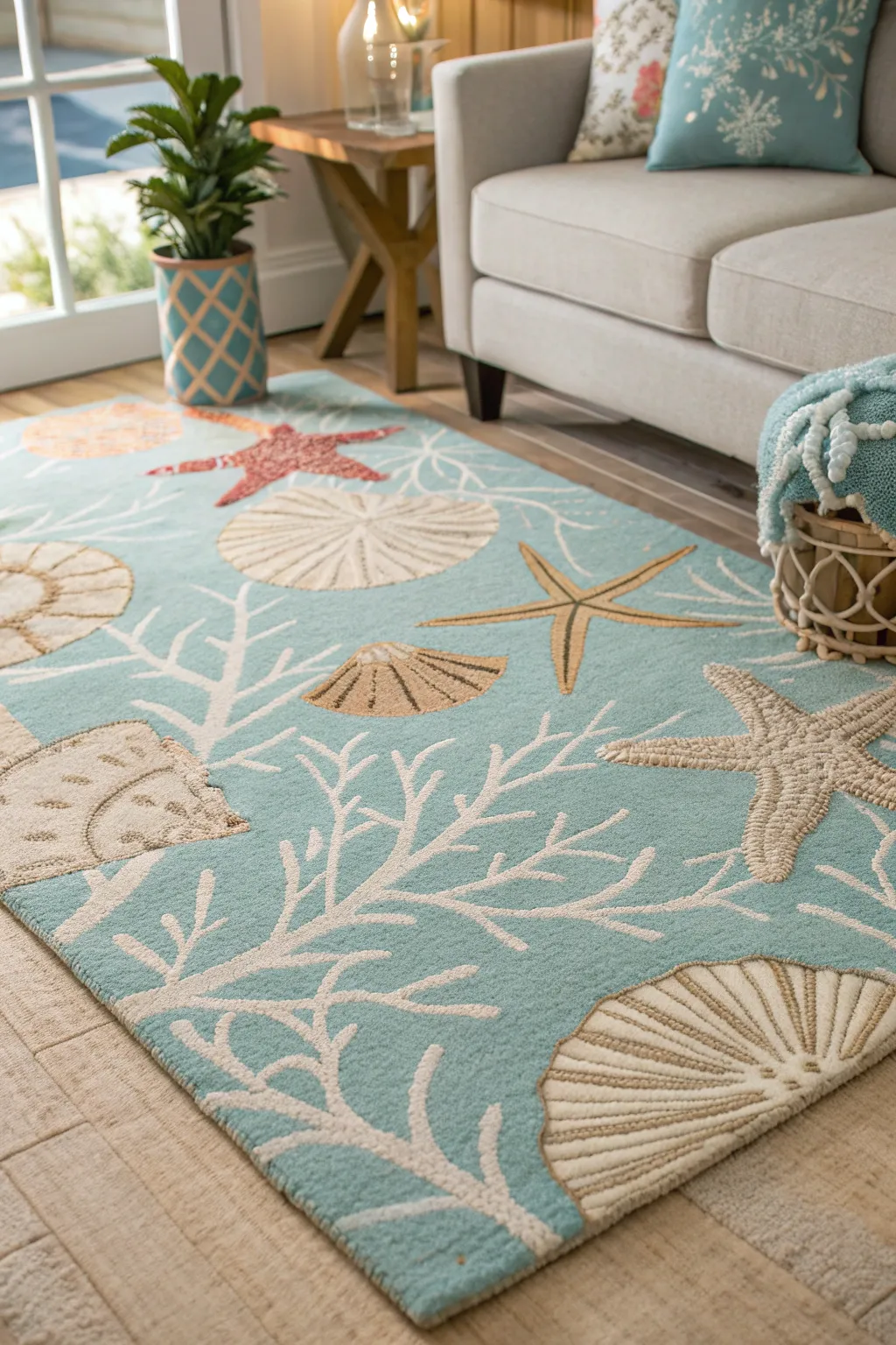 A beach-themed area rug with coastal patterns in a cozy room.