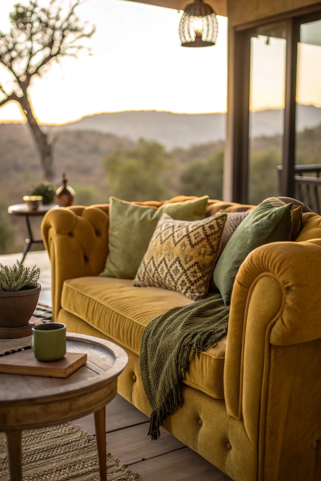 Living space with upholstery in warm earthy tones like mustard yellow and olive green.