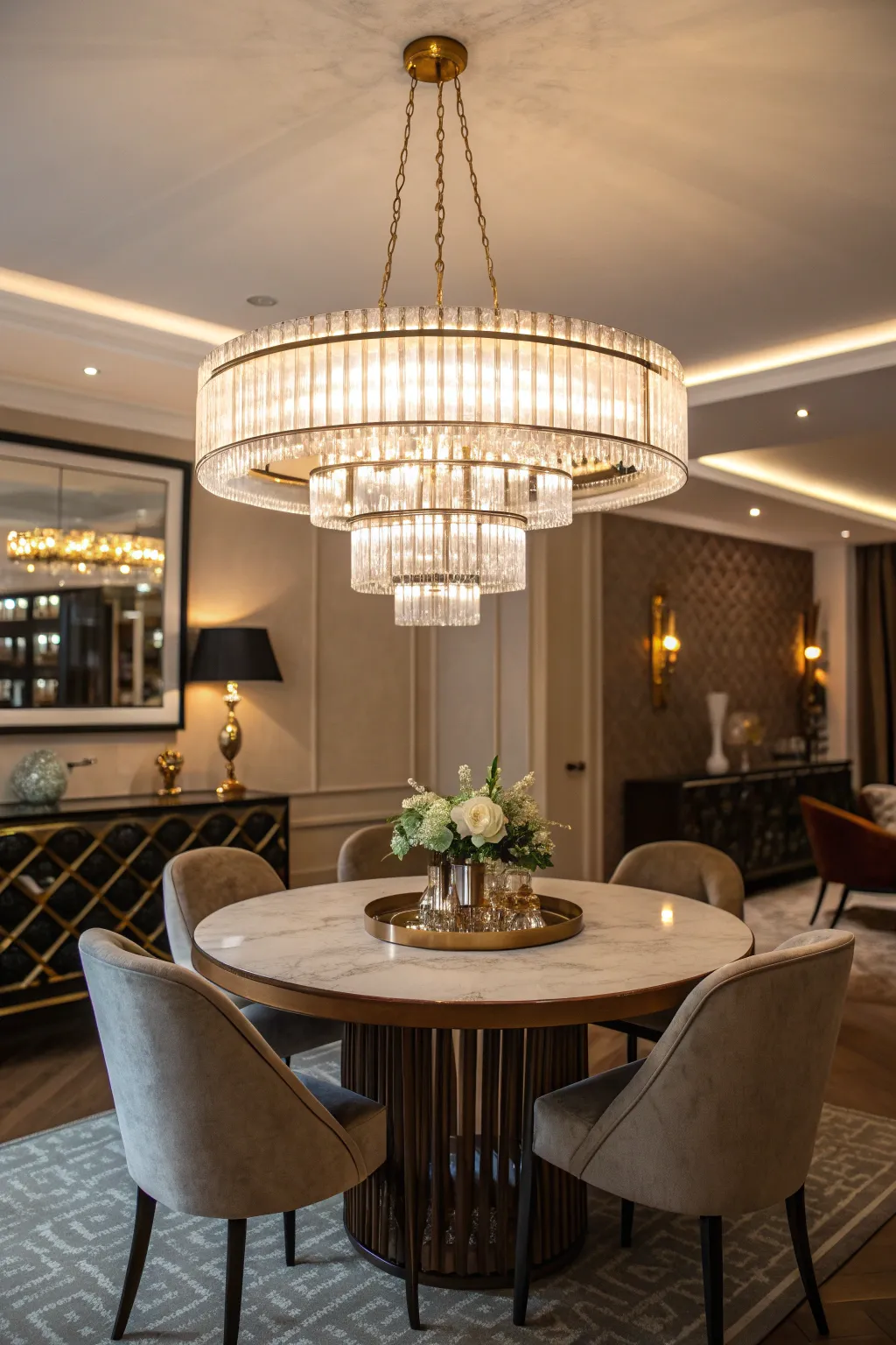 Retro chandelier as a focal point in a stylish dining room with soft lighting.