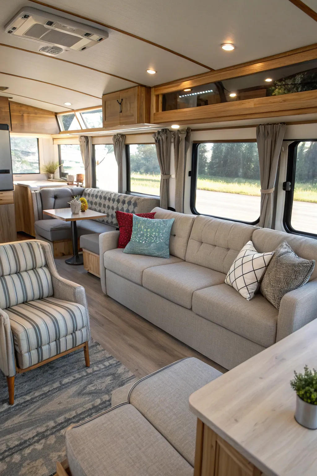 Living area featuring modular furniture like sectional sofas and stackable chairs.