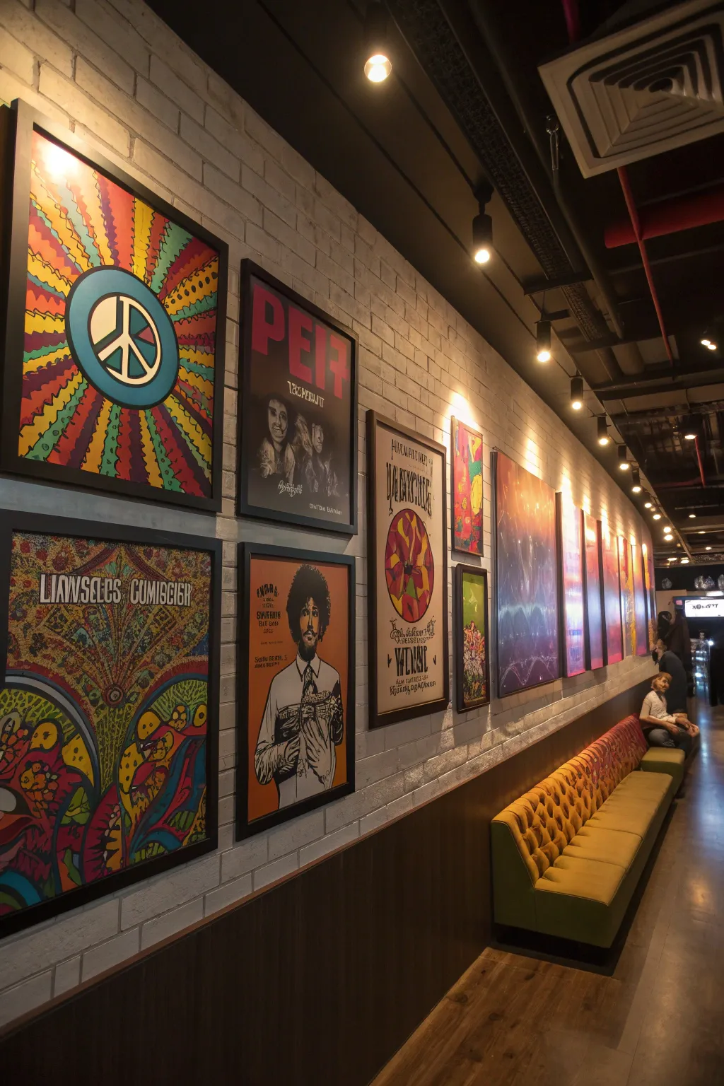 Wall displaying vibrant vintage 70s art with psychedelic designs and pop culture references.
