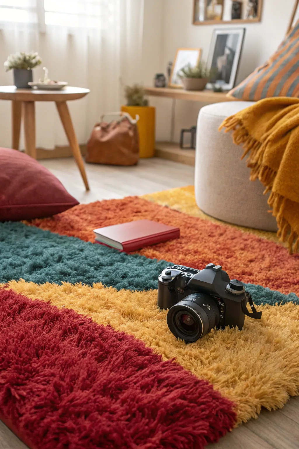 Room with plush shag carpeting in bold colors, adding warmth and comfort.