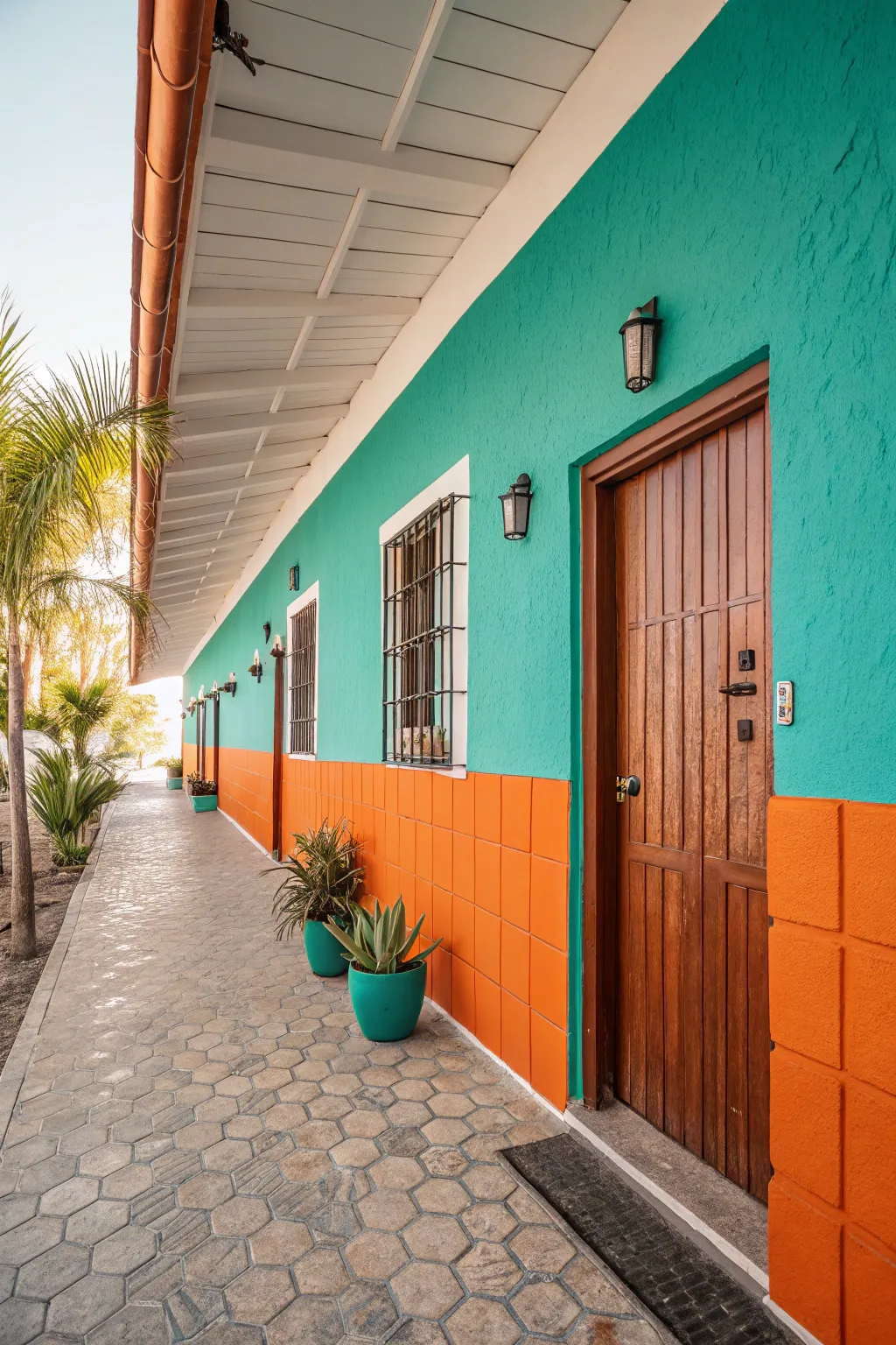 Accent wall in vibrant retro colors like teal and pumpkin orange, adding liveliness.