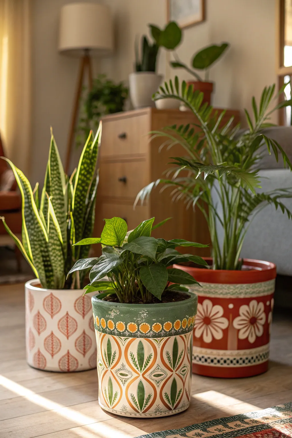Decorative pots with houseplants, enhancing a cozy interior with vibrant colors.