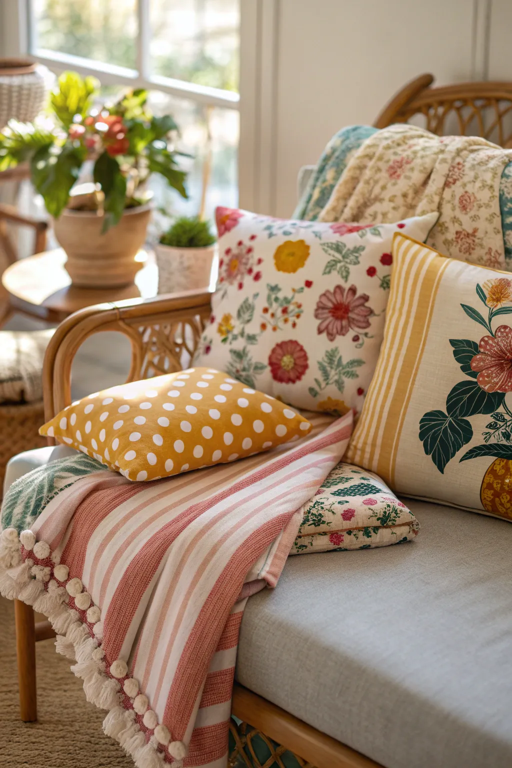 Layered textiles with floral patterns and stripes on cushions and throws, creating warmth.