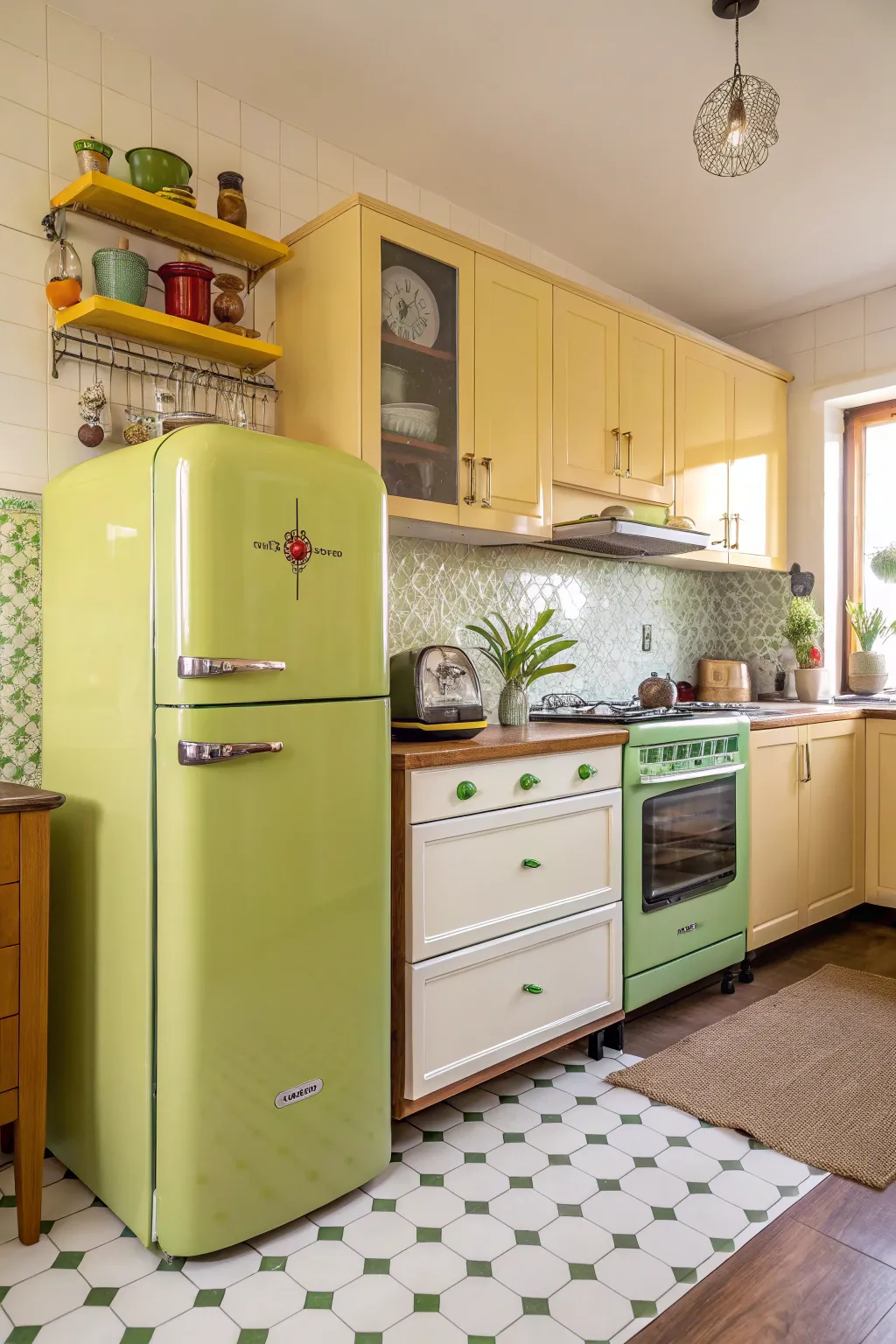 Retro kitchen featuring funky appliances in bright colors like avocado green and gold.