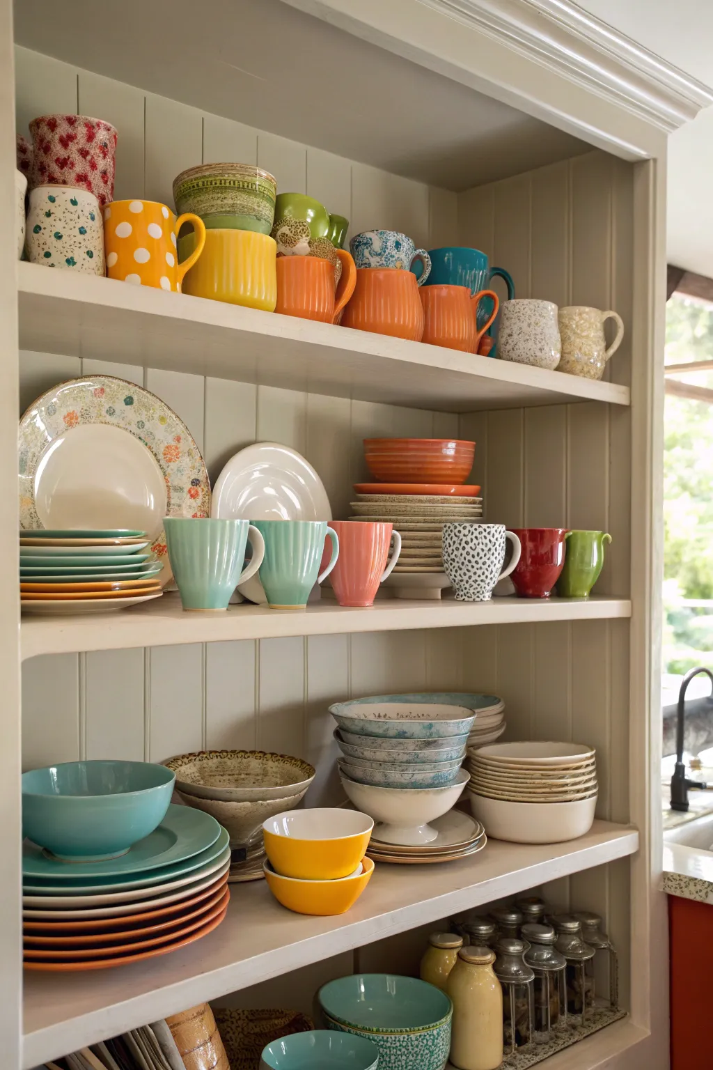 Open shelving in a kitchen displaying vintage dishware and colorful mugs.