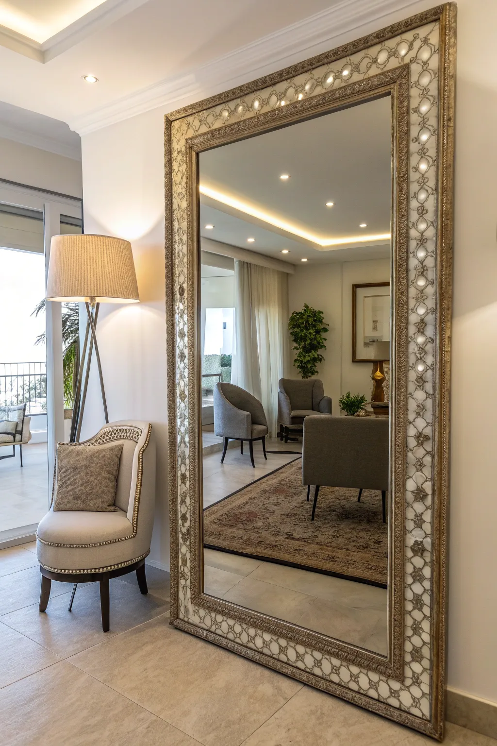 Mirror reflecting light in a stylish room, enhancing the sense of space.