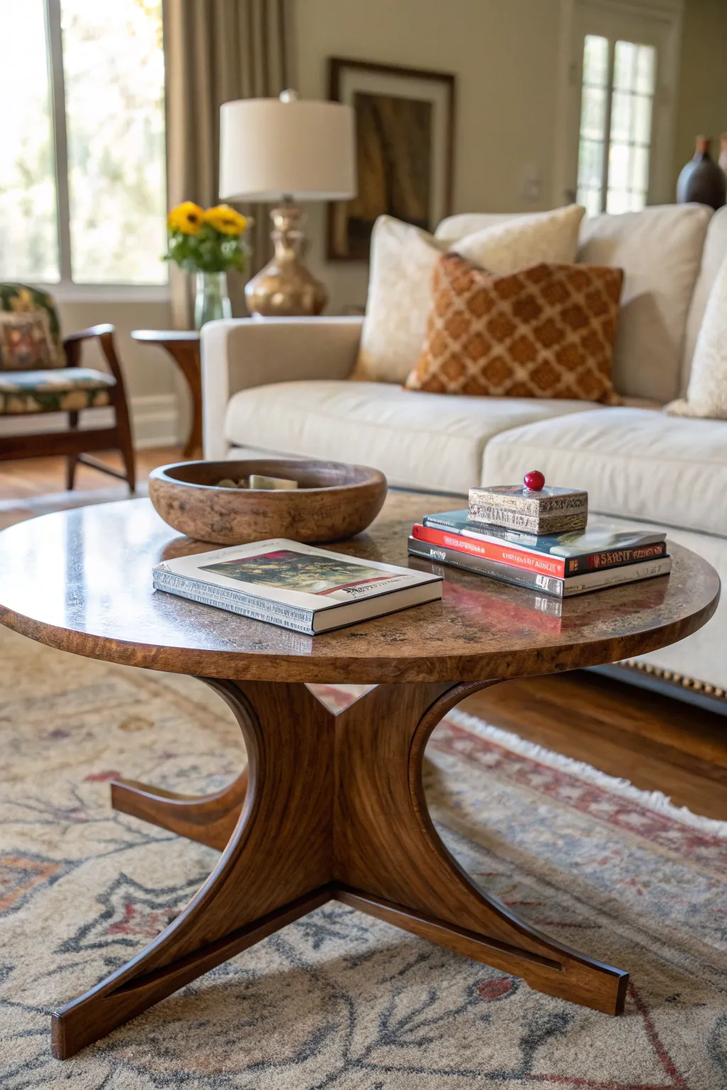 Unique coffee table with unconventional design, serving as a statement piece.