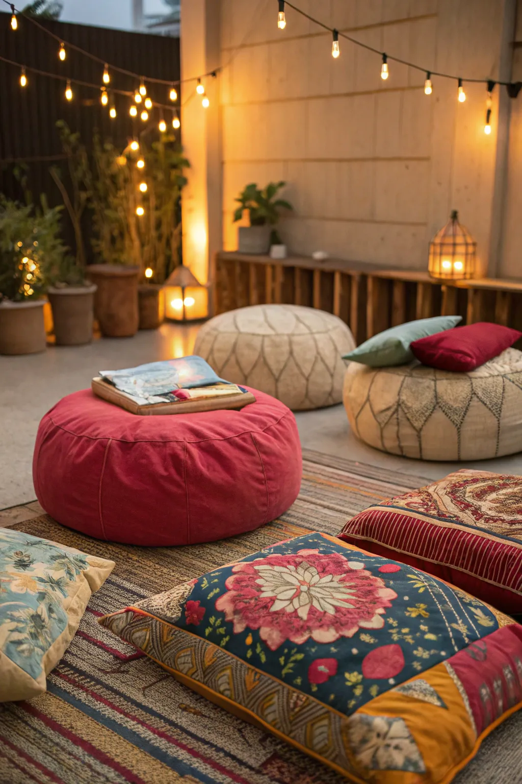 Cozy area with floor cushions and poufs in vibrant fabrics, promoting relaxed seating.