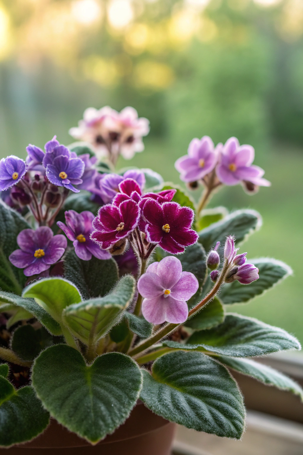 A vibrant cluster of African violets displaying colorful 5-petaled flowers.