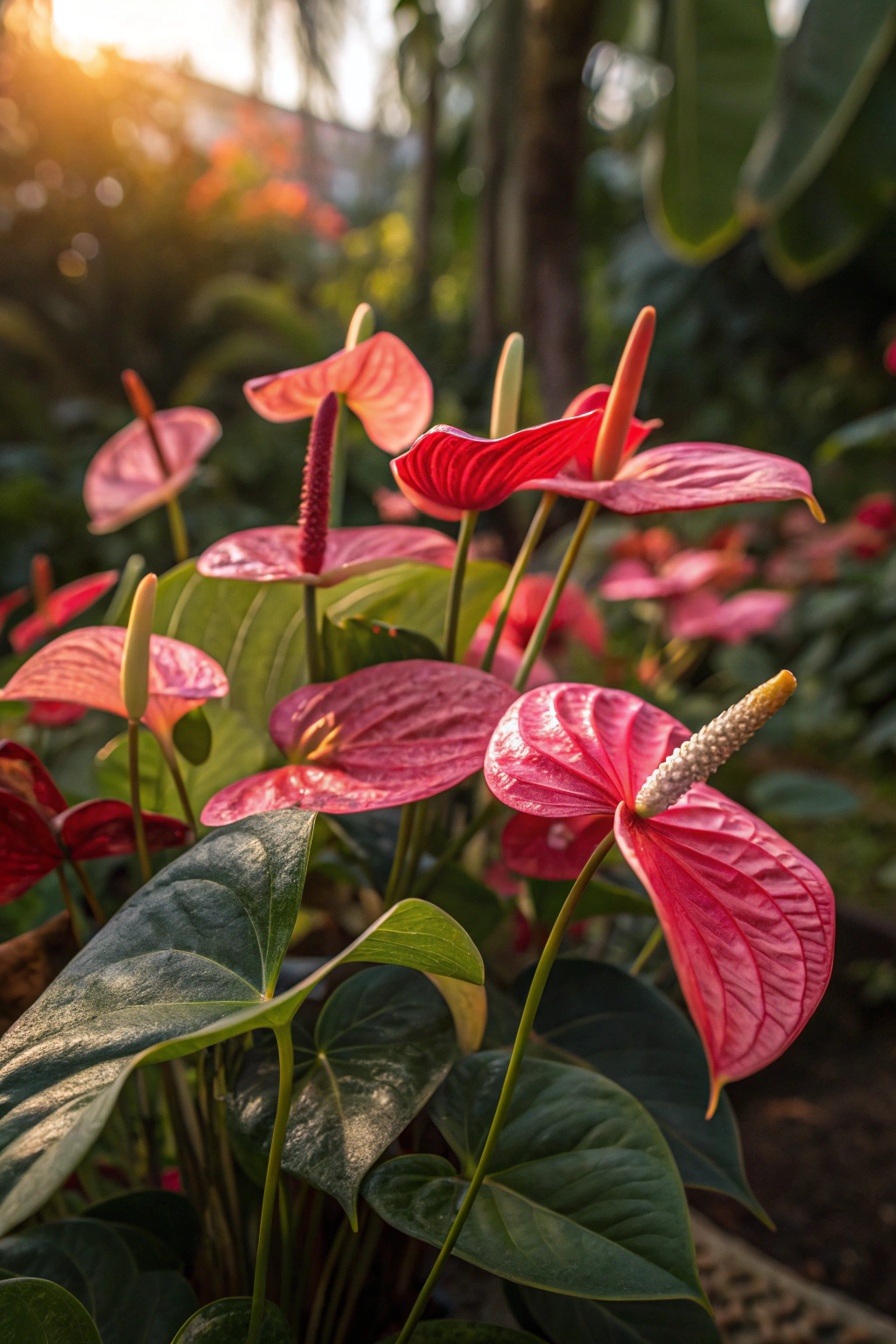 A beautiful display of red and pink anthurium flowers in soft golden light.