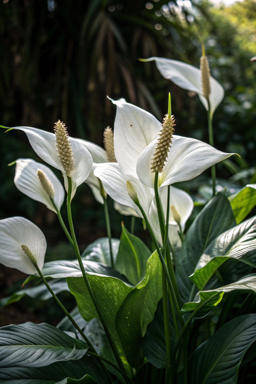 A cluster of white peace lilies with elegant spathes against lush foliage.