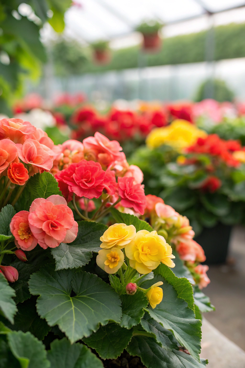 A vibrant arrangement of colorful begonia flowers surrounded by lush green leaves.