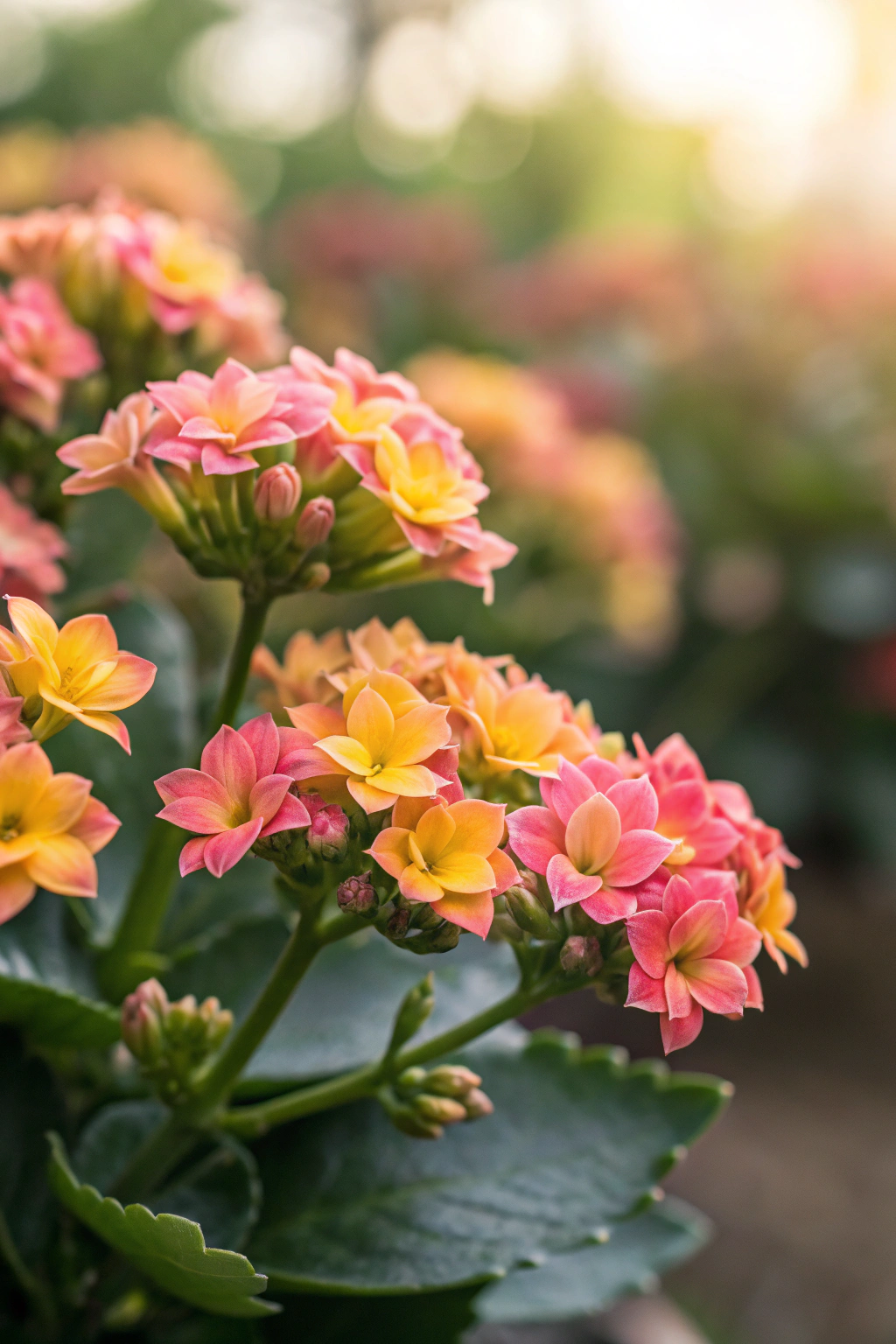 A cluster of bright kalanchoe flowers in pink and yellow against green foliage.
