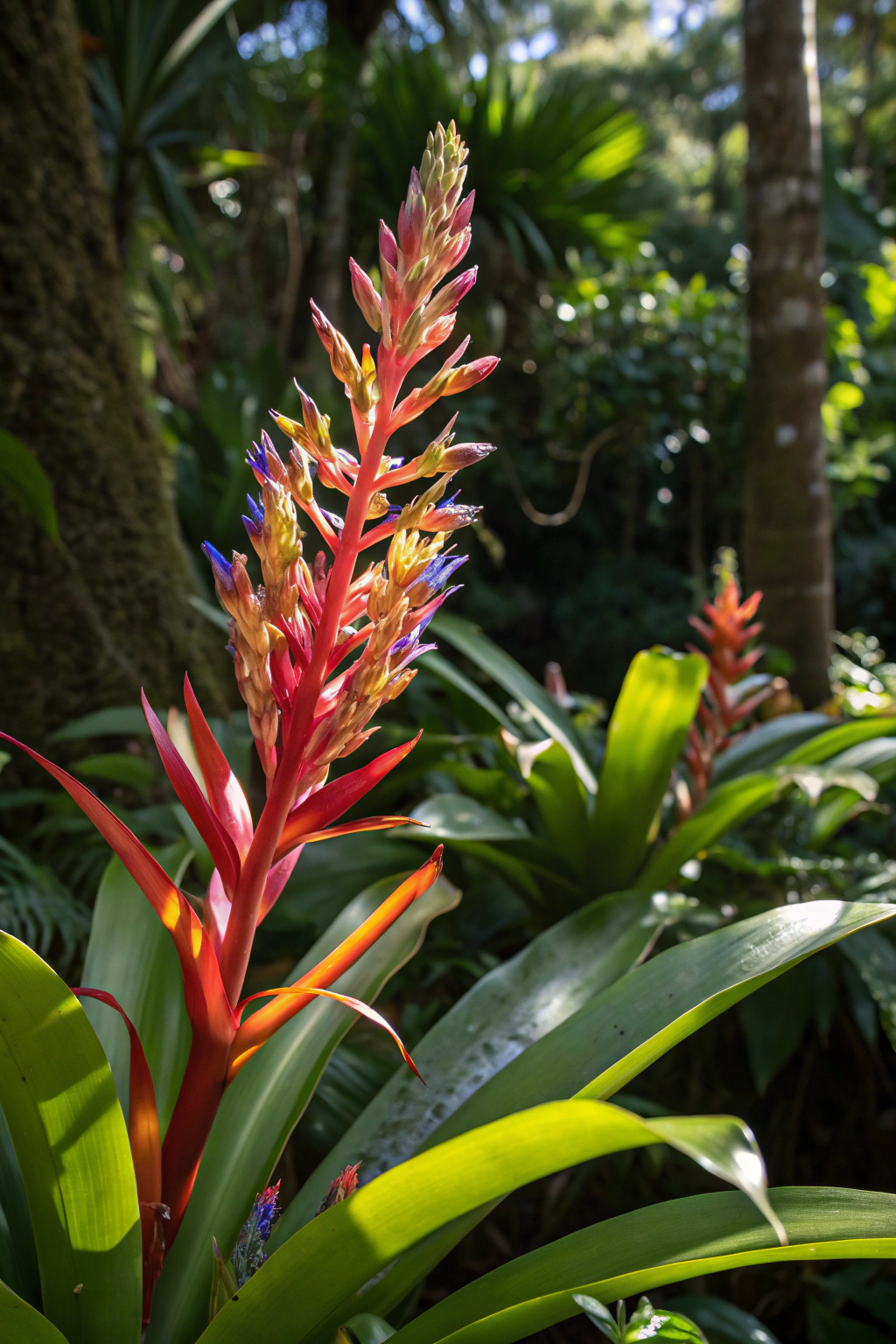 A striking bromeliad with vibrant bracts and delicate flowers in a rainforest.