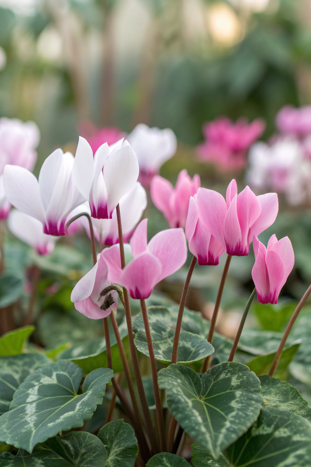 A beautiful display of pink and white cyclamen flowers with green leaves.