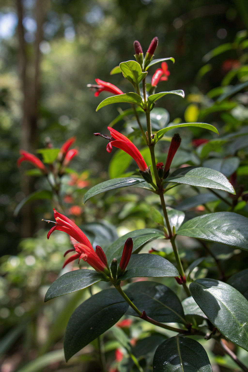 A vibrant lipstick plant with tubular red flowers among dark green leaves.