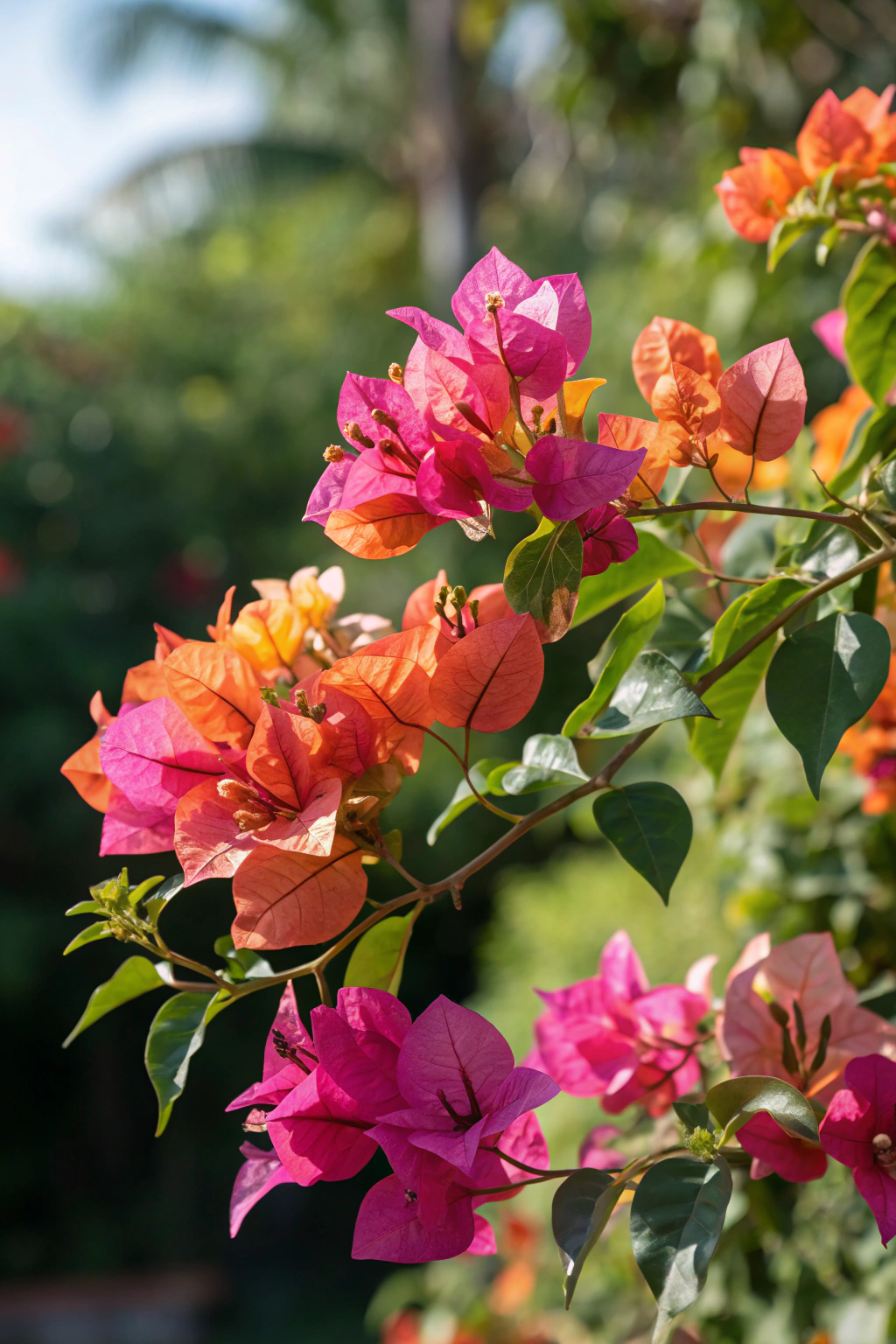 A vibrant bougainvillea plant with colorful bracts in bright sunlight.
