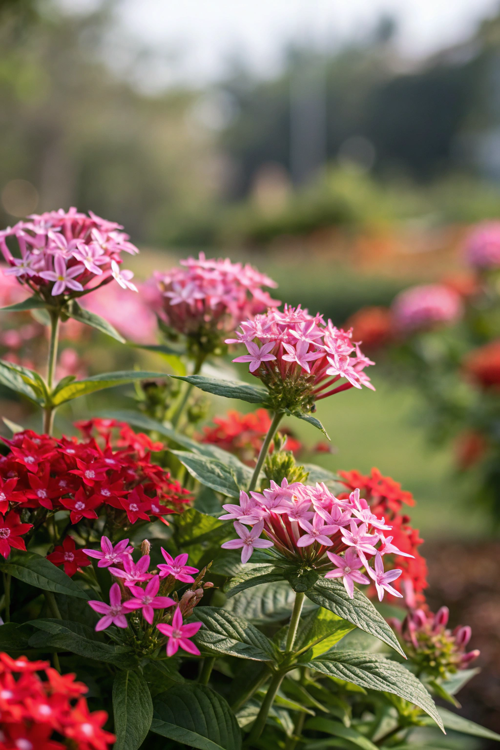 A vibrant display of pentas flowers in pink and red colors.