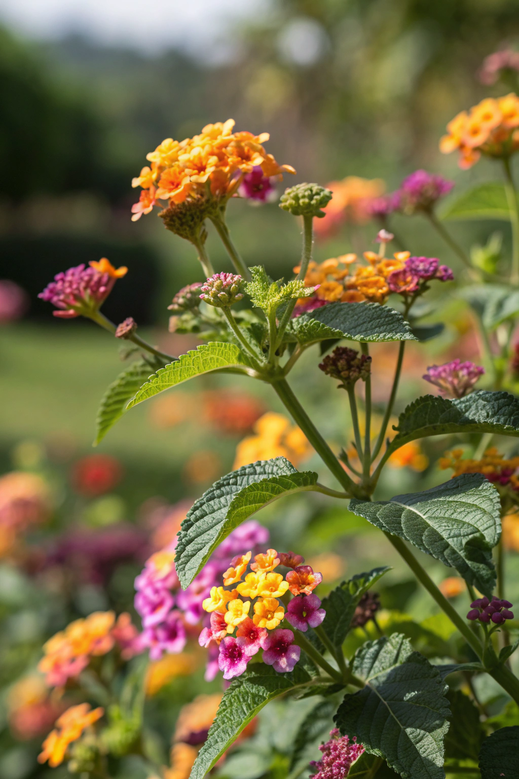 A colorful lantana plant with clusters of yellow, orange, and purple flowers.