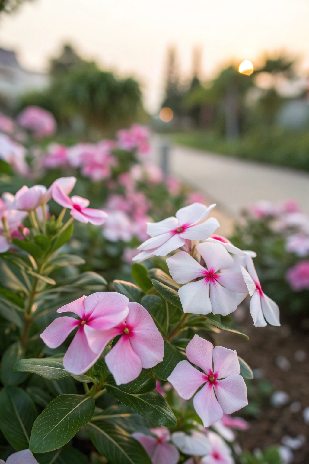 A cluster of vinca flowers in vibrant pink and white colors.