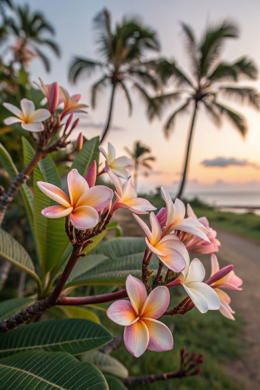 A beautiful arrangement of plumeria flowers in soft pastel colors.
